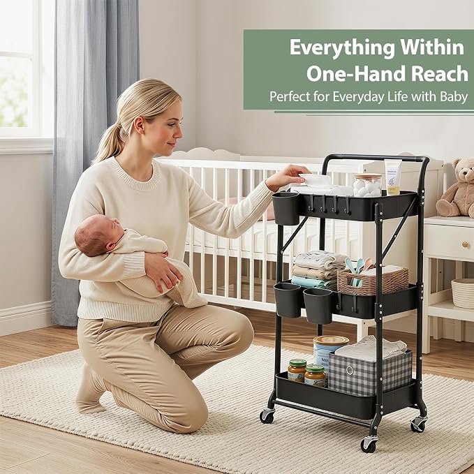 Amatic 3 Tier Foldable Rolling Cart with Wheels, Folding Utility Cart Organizer, Collapsible Rolling Storage Cart with 3 Hanging Cups & 6 Hooks for Kitchen, Office, Nursery(Black) - Image 8