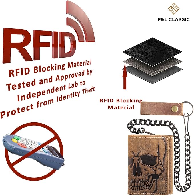 F&L CLASSIC RFID Blocking Men's Tri-fold Vintage Biker Cowhide Leather Steel Chain Wallet,Snap closure, brown,skull,315-70 - Image 7