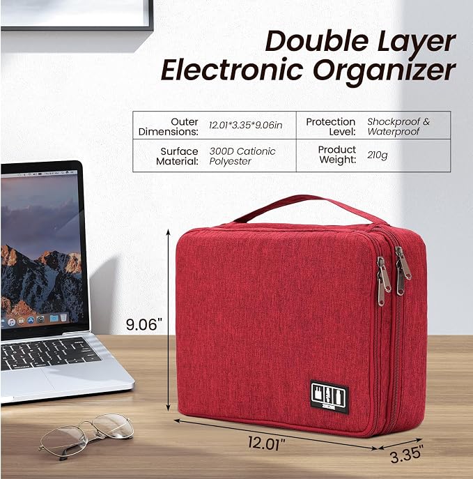 Electronic Organizer Travel Case, Double Layer Cable Organizer Bag | Double-layer design with adjustable dividers, mesh pockets and elastic loops for chargers, cables, power banks and gadgets - Image 2
