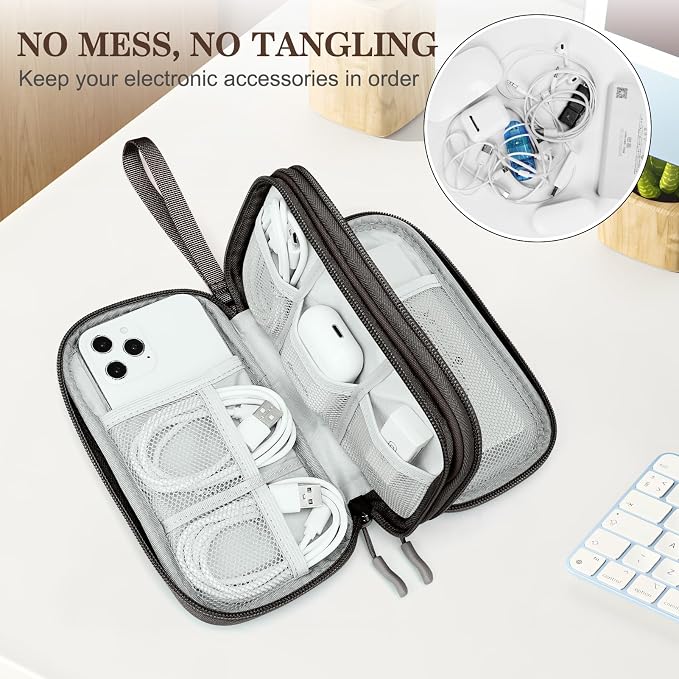 FYY Electronic Organizer, Travel Tech Pouch Bag, Cable Organizer Coffee | Wrist Strap, Waterproof, Double Layers Portable Electronics Travel Carrying Case for Cord, Charger, Daily Business Trips Use - Image 5