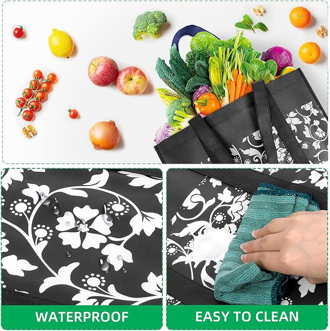 Reusable Grocery Bags Foldable Tote Bags bulk Shopping Bags 6-Pack, Black | Reinforced Handles Shopping Bags for Groceries Heavy Duty Kitchen Reusable Grocery Bags with Waterproof Coating - Image 4