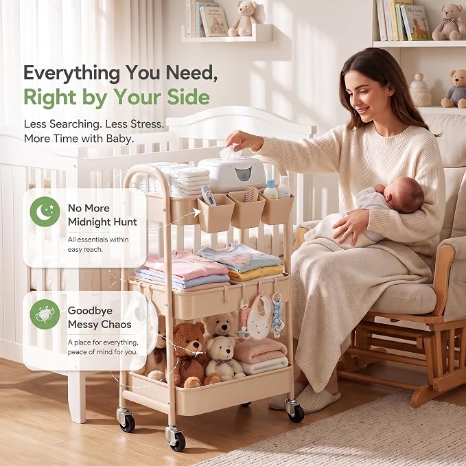 Beige 3 Tier Rolling Cart Metal with Wheels,Tan Three Tiered Bedside Carts | Utility Storage Organizer Trolley on Wheels for Art, Craft, Diaper Caddy,Nursing,Postpartum,Baby Essentials,Bathroom Supplies - Image 2