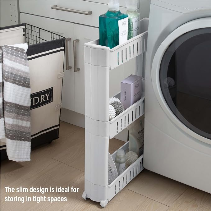 Simplify 3 Tier Slim Slide Out Storage Cart | Multi-Purpose Organization | Rolling | Wheels | Small Space | Laundry Room | Kitchen | Bathroom | Office | White - Image 5