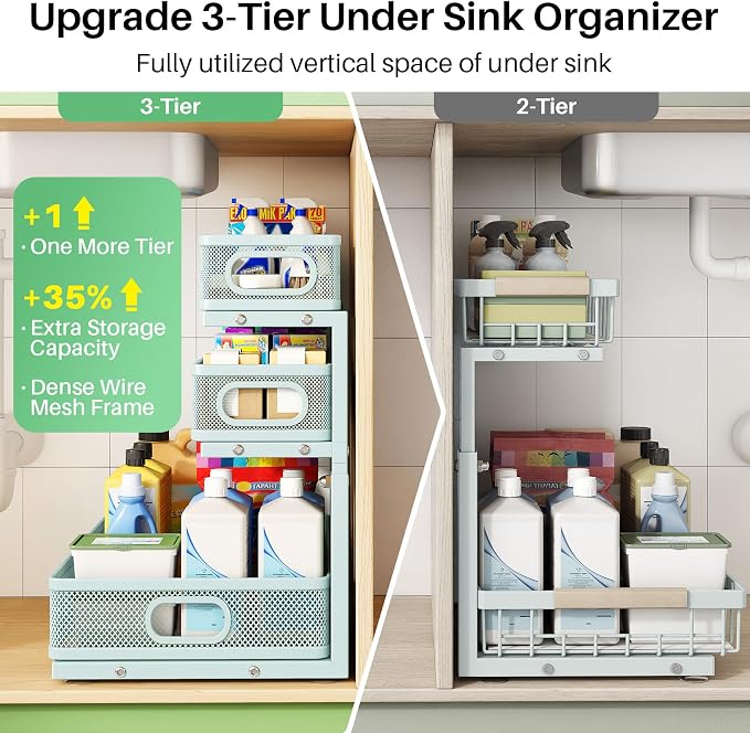Under Sink Organizer, 1-Pack 3-Tier Height Adjustable Thickened Metal Pull out Cabinet Organizer Shelf, Slide out Storage Drawer Rack for Bathroom Kitchen Pantry Home Organization, LightBlue - Image 3