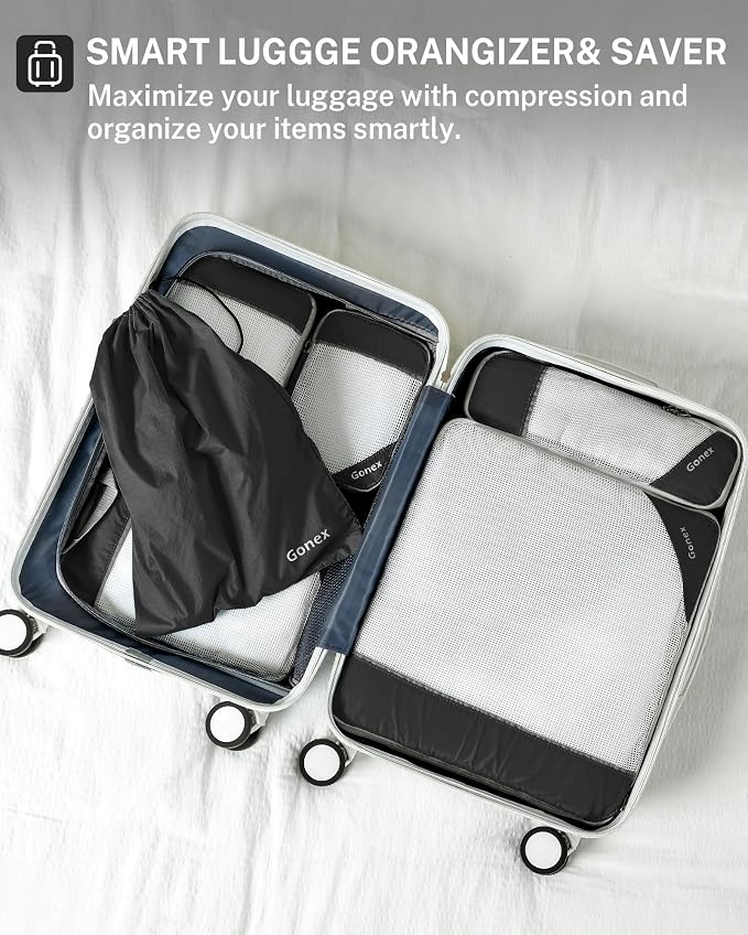 Gonex Compression Packing Cubes for Travel, Mesh Bags Luggage Organizers | Set of 4/5/6/7/10 for Essentials, Extensible, Fits 20"Carry-on Suitcases, See-through Mesh, Double Zipper Compression - Image 7