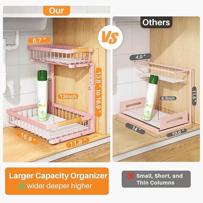 PXRACK Under Sink Organizer, Adjustable Height, 2 Tier Pull Out Under Cabinet Organizer, Slide Out Thickened Metal Under Sink Storage for Kitchen Bathroom Laundry Pantry Cabinet, Pink, Large-1-Pack - Image 2