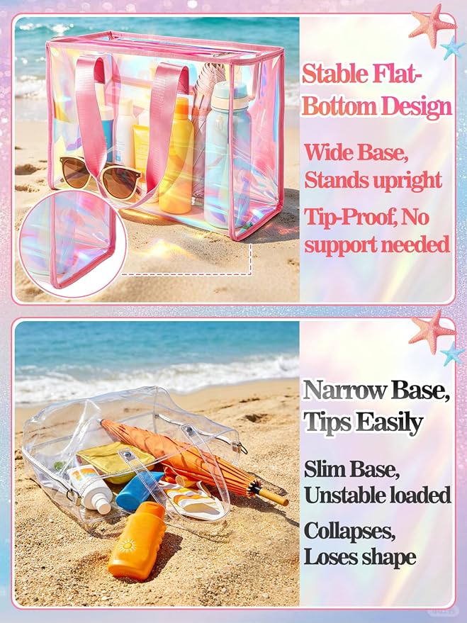 Cosweet Iridescent Beach Tote Bag with 3 Small Pouch for Women | 26L Waterproof Clear Jelly Bag, Tip-Proof Foldable, Small Pouch for Phone Makeup, for Pool Cruise Travel Gifts - Image 6