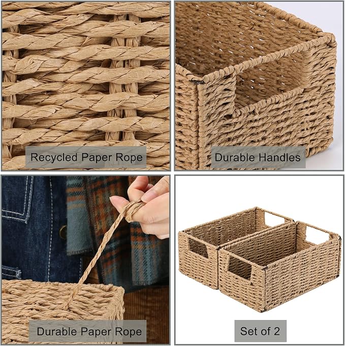Wicker Storage Basket, Set of 2 Hand-Woven Paper Rope Wicker Basket, Small Storage Baskets for Organizing Toilet Paper, Foldable Large Cube Storage Organizer Bins for Shelves (Natural) - Image 7