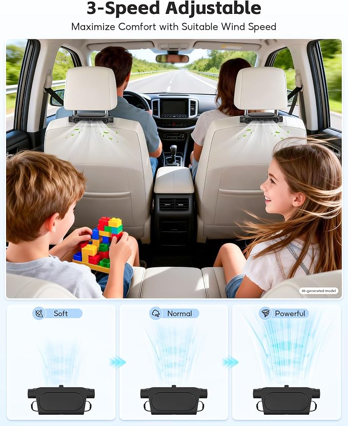 Car Seat Fan, Bladeless Dual Airflow, 3 Speed USB Powered for Car Headrest | For front & back car seats, no built-in battery, non-rechargeable, fits 4.92–6.9 in headrest posts, quiet safe cooling - Image 6