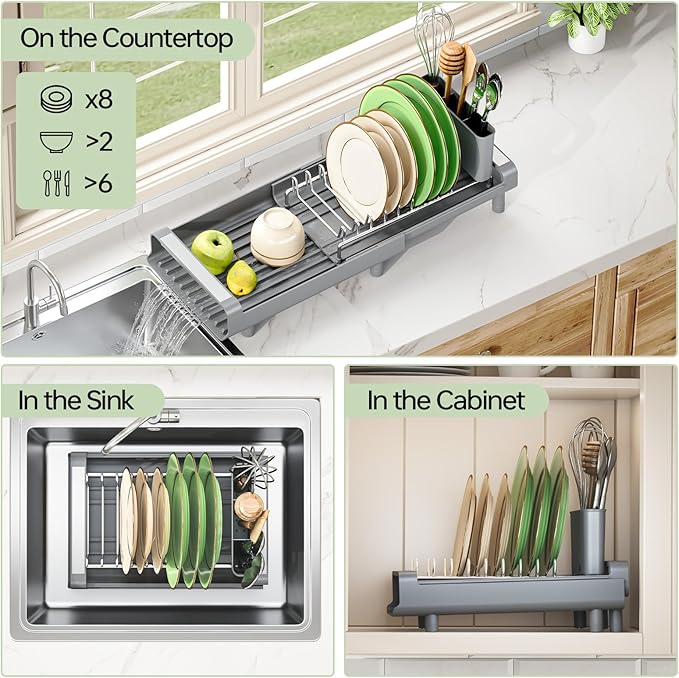 TOOLF Small Dish Drying Rack, Expandable and Space-Saving, Gray | Mini Dish racks for kitchen counter, Compact Design Fits Sink or Counter, Stainless Steel Plate Rack, 11"-19.3"L×7.7"W×3.54"H - Image 3