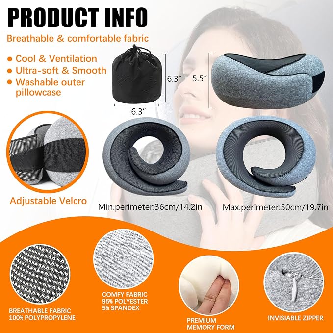 Travel Pillows for Airplanes, Travel Neck Pillow, Neck Pillow Airplane Memory Foam Travel Pillow 360 Degree Support Portable Pillows for Airplanes Offices and Cars - Image 5