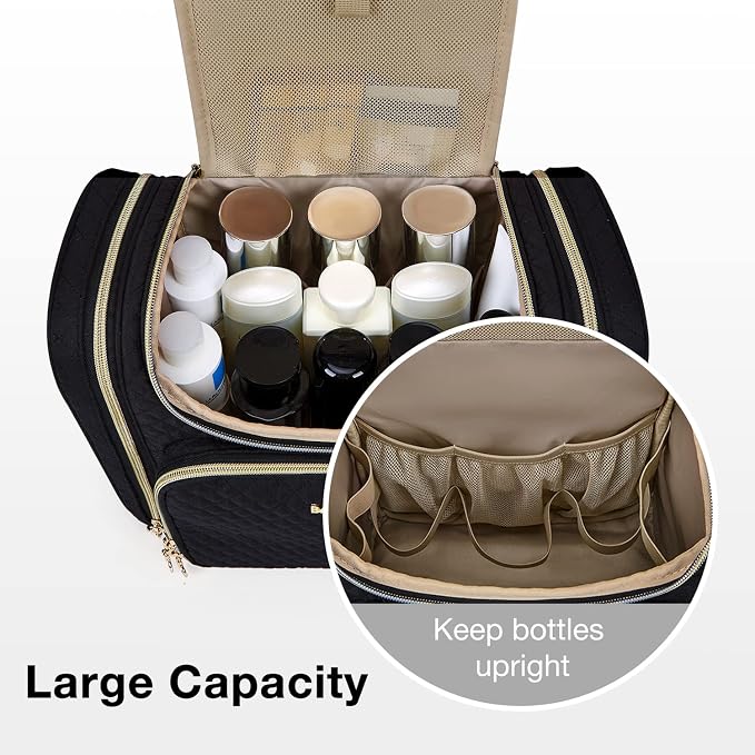 BAGSMART Women's Travel Toiletry Bag, Water-resistant Large Capacity, Black | Cosmetic Makeup Bag, Door Room Essentials Travel Organizer for Full Sized Toiletries and Cosmetics - Image 4