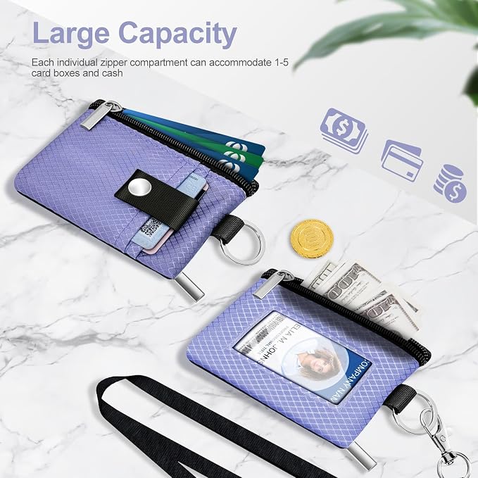 Minimalist RFID Blocking Small Wallet with ID Window,WaterResistant Zip Id Case Wallet with Lanyard Keychain for Cards,Cash,Travel,Women,Men (Lavender Purple) - Image 7