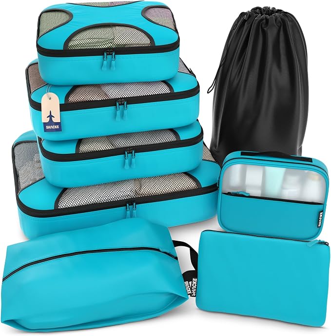 Shacke 8 Set Packing Cubes for Travel, Shoe & Toiletry Bags (Aqua Teal) | Complete Suitcase Organizer Bags Set: 4 Luggage Packing Cubes + Laundry, Shoe, Toiletry & Accessories Bags for Any Trip by Shacke