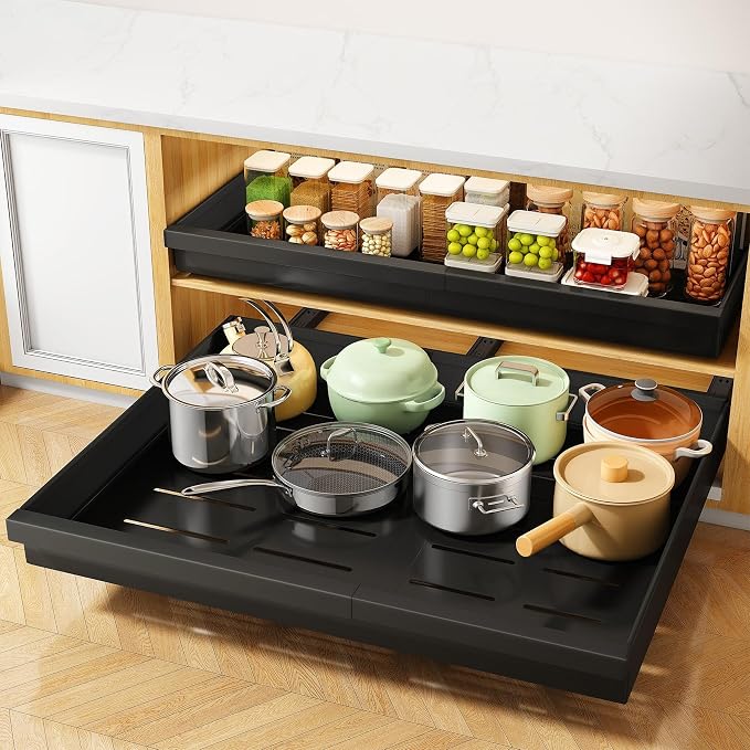 Pull out Cabinet Organizer, 1-Pack Expandable(13.6"-24") Silde out Drawers with Raising Pad for Framed Cabinets, Adjustable Full-Extension Adhesive Roll out Shelves for Kitchen Pantry Home Pot and Pan by PXRACK