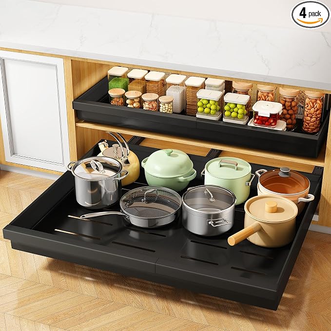 Pull out Cabinet Organizer, 4-Pack Expandable(13.6"-24") Silde out Drawers with Raising Pad for Framed Cabinets, Adjustable Full-Extension Roll out Shelves for Kitchen Pantry Home Pot and Pan(Black) by PXRACK