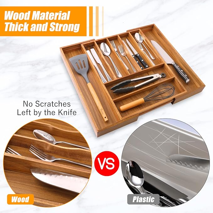 Bellsal Large Premium Acacia Wood Silverware Organizer - Expandable Utensil Drawer Organizer - 17"x19.6" Utensil Holder and Cutlery Tray with Grooved for Kitchen Flatware Utensils(7-9 Slot, Acacia) - Image 5