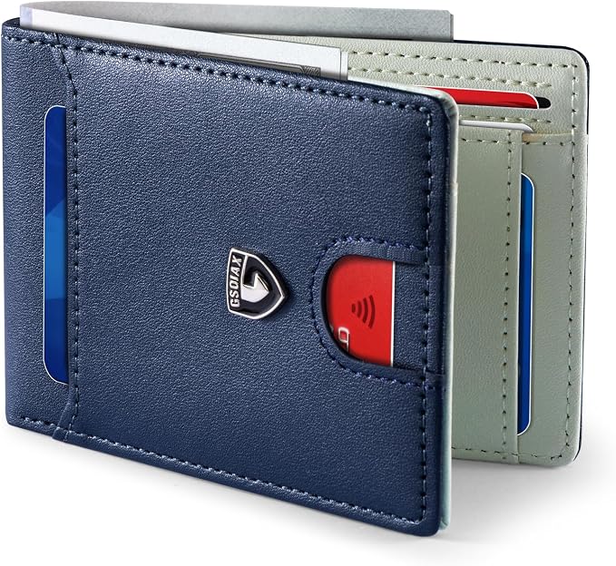 GSOIAX Slim Wallet for Men RFID Blocking Bifold Wallet Carbon Fiber Front Pocket Wallet with 11 Card Holder Minimalist Mens Wallet with Gift Box(Dark Blue and Beige) by GSOIAX