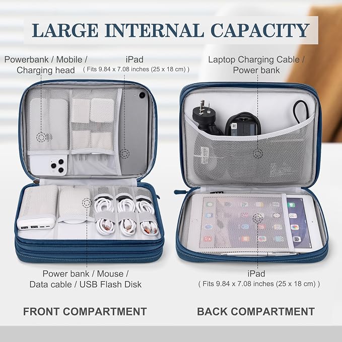 FYY Electronic Organizer, Travel Tech Pouch Bag, Extra Large, Navy | Wrist Strap, Waterproof, Double Layers Electronics Travel Case for iPad, Cord, Laptop Charger, Daily and Business Trips Use - Image 3