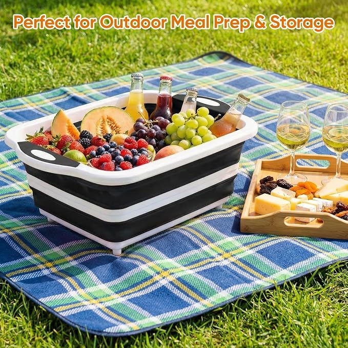 Collapsible BBQ Prep Tub with Lid, Foldable Camping Sink with Colander, Cutting Board, Dish Basin for Kitchen, Bowl, Vegetable and Fruit, Storage Basket for Picnic-Black - Image 7