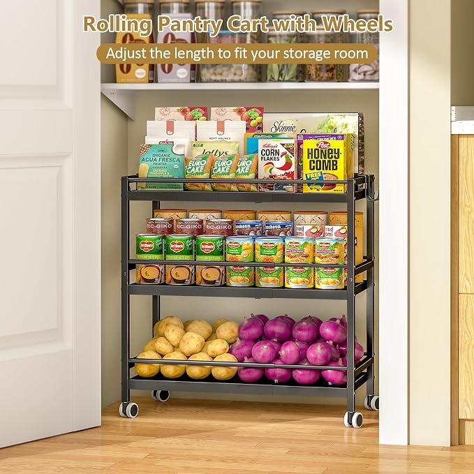 3-Tier Expandable Rolling Pantry Organizers and Storage Cart with Wheels, Adjustable Pantry Floor Organizer, Snack Cart for Pantry, Kitchen Storage Cart with 4 Hooks for Snack, Food, Vegetables, Black - Image 5