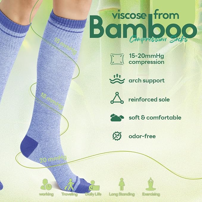 Compression Socks Women & Men, 15-20 mmHg Bamboo Viscose Knee High Soft Support for Flying Travel Daily - Image 5