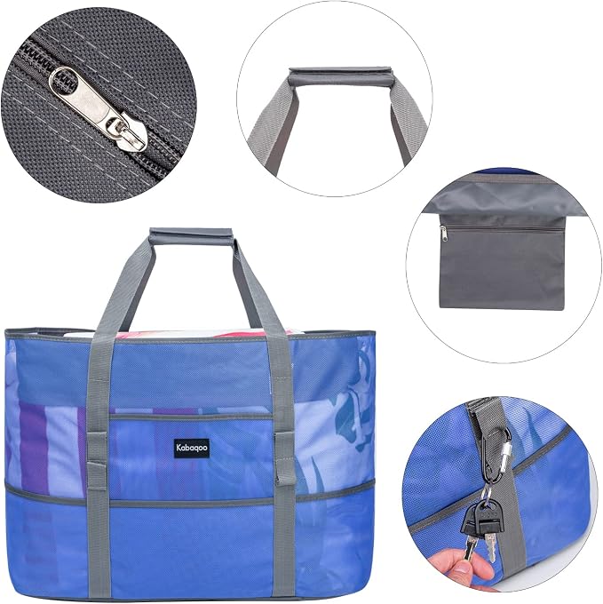 KABAQOO Mesh Beach Bag, Extra Large Beach Bags with 9 Pockets & Zipper Waterproof Lightweight Beach Tote for Beach/Pool Trip - Image 5