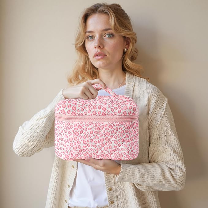 HBselect Quilted Makeup Bag, 3Pcs Cotton Large Travel Makeup Bags Organizer | Cute Floral Make up Bag Cosmetic Bag Toiletry Bag for Women Girls, Makeup Pouch for Skincare, Brushes & Travel Essentials - Image 7
