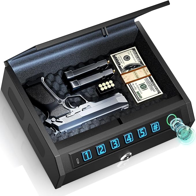 Biometric Gun Safe for Handguns, Gun Case Fits 2-3 Handguns | Fingerprint Pistol Safe, Nightstand, LED Light, Stealth Mode, Security Cable, Carbon Steel, Portable Lock Box, 1s Open by AIRMuch