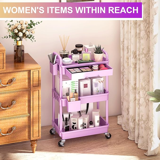 Goovilla 3 Tier Rolling Utility Cart Organizer with Removable Drawer,Purple | Stable and Sturdy Rolling Storage Carts with 2 Lockable Wheels for Bathroom, Kitchen, Snack, Craft, Makeup, Baby Essentials - Image 5