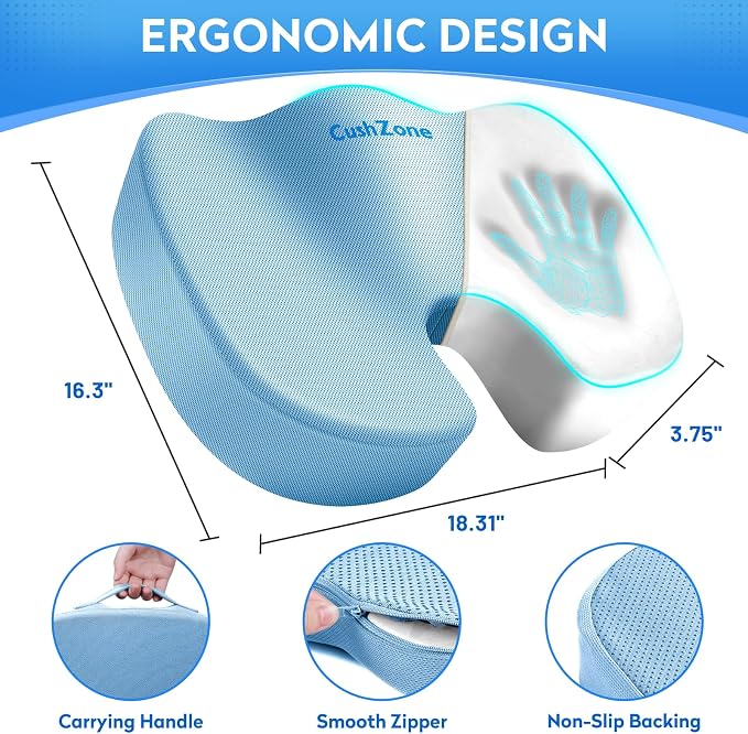 CushZone XL Memory Foam Seat Cushion for Office & Car, Light Blue | U-shaped Coccyx Cutout, Contoured Design, Breathable Removable Mesh Cover, Non-Slip Base, Carry Handle - Image 3