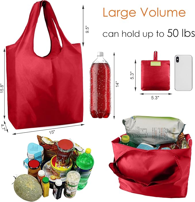 BeeGreen Christmas Red Reusable Grocery Bags Shopping Bags Bulk 10 Packs 50LBS X-Large Foldable-Machine Washable-Heavy Duty - Image 2