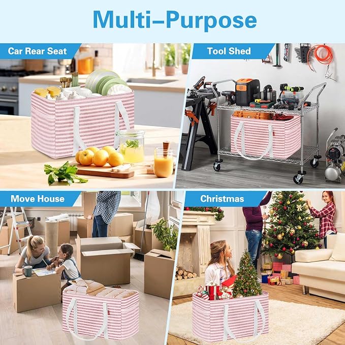 LHZK Standing Utility Tote Bag with Metal Wire Frame and the Sides Rinforced, Large Tote Bag with Handle, Reusable Grocery Bags Foldable, Beach Bag, Car Tote (Pink, 18.5''x11.8''x11.5'') - Image 9