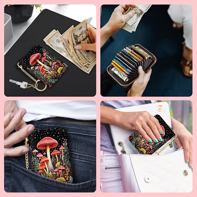 Blusabaca RFID Credit Card Holder Small Women Travel Wallet, Cute Mushrooms | Removable Keychain, Case with Zipper, Vegan PU Leather, Cash Coin Pocket, Business Accordion Purse, Ladies Female Gift - Image 3