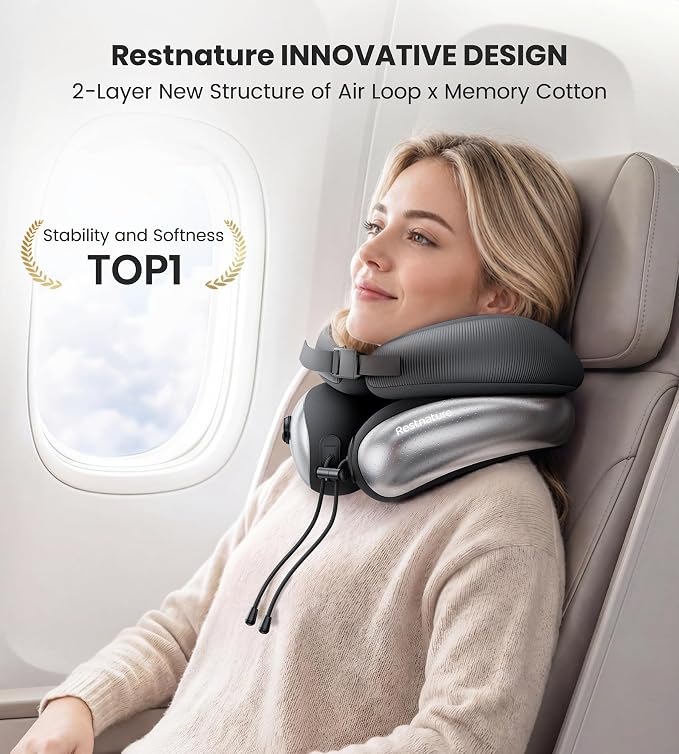 Neck Pillow, Upgraded Adjustable Travel Neck Pillow for Airplane – Patented Inflatable Design with Memory Foam for 360° Ergonomic Head & Neck Support (White-M) - Image 2