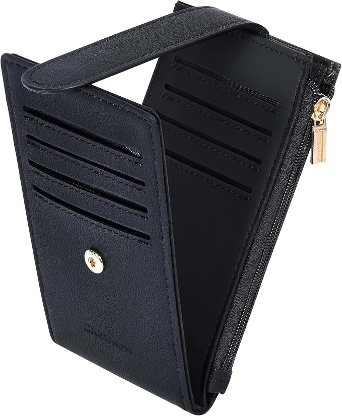 Chelmon Women's RFID Slim Card Holder Wallet | Thin Bifold Multi Card Case with Zipper Coin Pocket Purse for Women(Black Smooth) by Chelmon