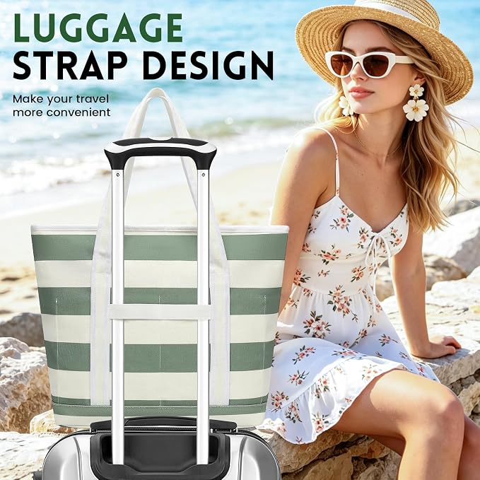 Large Canvas Tote Bag for Women, Beach Bag with Zipper, Utility Tote Bag with 3 Front Pockets, Weekender Pool Bag - Image 5