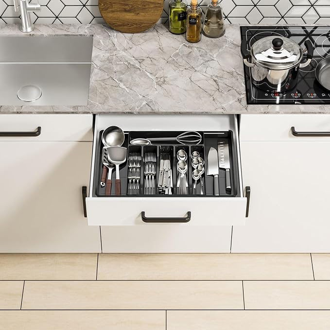 Silverware Drawer Organizer, Expandable Utensil Tray for Kitchen Drawers, BPA Free Flatware and Cutlery Holder, Adjustable Plastic Storage for Utensil like Spoons, Forks, Knives.Black - Image 6