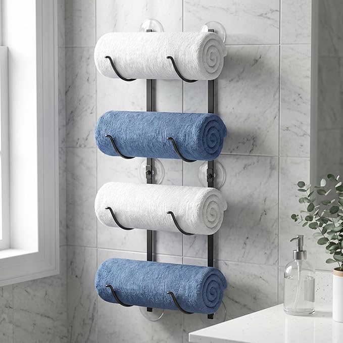 4-Tier Bathroom Rolled Towel Rack Wall Mounted Towel Storage Holder, Adhesive & Drill Hanging Organizer for Towels, Blankets, Large Bath Sheets, Space Saving in RV, Apartment Friendly by Unknown