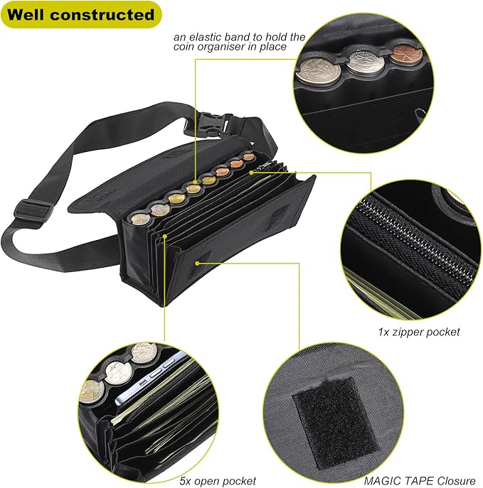BSTKEY Euro Coin Holder Coin Dispenser, Fanny Pack with Banknote Waiters Purse Coin Sorter Coin Organizer, Black Coin Storage Bag with Belt for Waitress Server Collector Cashier Change - Image 3