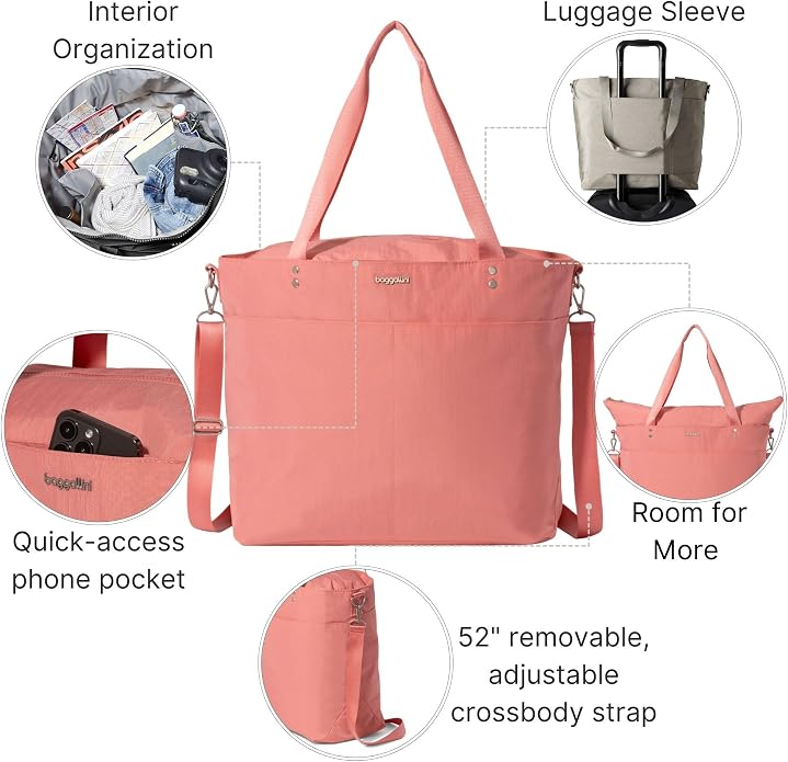 Baggallini Carryall Tote - Lightweight Nylon Zipper Top Weekender Travel Beach Bag w/Luggage Sleeve - Image 3
