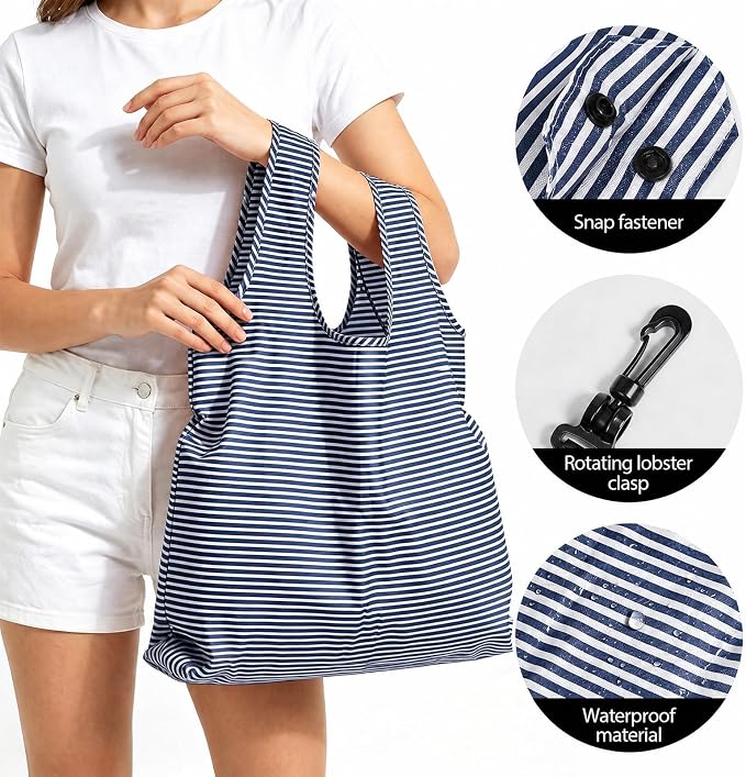 2 Pack Reusable Shopping Bag, Foldable Grocery Bags, Blue Stripes | Large Capacity, Washable, Grocery Tote, Utility Travel Shoulder Bag - Image 4