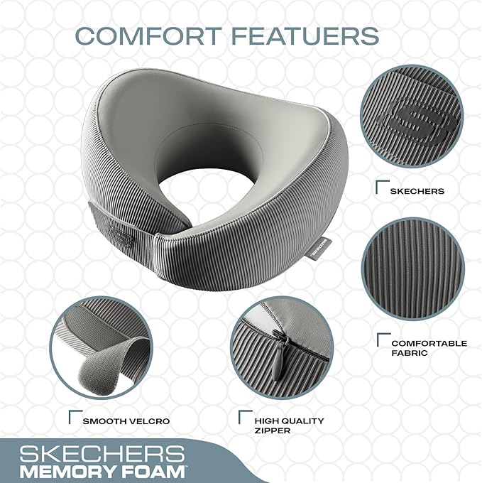 Skechers Men's Memory Foam Neck Pillow, Comfortable & Breathable Travel Pillow,Neck Pillow Airplane for Travel, Car Rides, Home, and Office Use, Ergonomic Design for Men and Women,Grey - Image 3