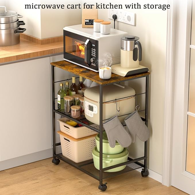 ThreeHio Rolling Kitchen Microwave Cart, 3 Tier Microwave Table Stand with Storage, Kitchen Utility Cart on Lockable Wheels, Small Coffee Cart Shelf Rack Organizer for Living Room Office, Balcony - Image 7