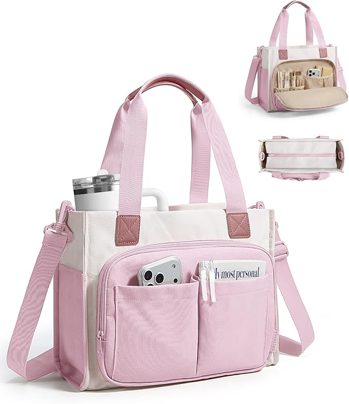 BAGSMART Canvas Tote Bag for Women, Small Work Tote Bag with Zipper | 30oz/40oz Tumble & 11 Pockets Travel Tote, Teachers/Nurses, Lightweight Canvas or Water-Resistant Puffer Taslon Crossbody Bag by BAGSMART