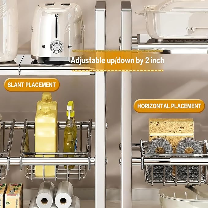Large Under Sink Organizer 2 Tier Expandable Heavy Stainless Steel Shelf Adjustable Height for Under Kitchen Bathroom Sink Organizers and Storage (Large Size: 4 Panels 4 Storage Baskets) - Image 6