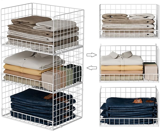 Yociyoga Closet Organizers and Storage Basket- 3-Tier Stackable Storage Bins, Foldable Closet Shelf Organizer Basket, Stackable Clothes Organizers Shelves for Home Organizer System(Patent 30022416) by FollowWithYociyogaTogether
