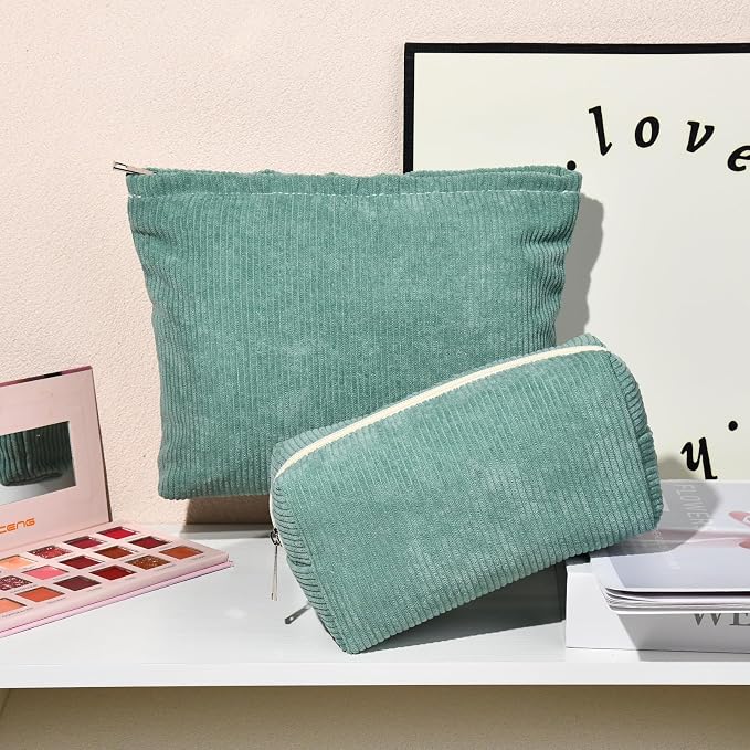 SOIDRAM 2 Pieces Makeup Bag Large Corduroy Cosmetic Bag Capacity Canvas Mix Travel Toiletry Bag Organizer Cute Makeup Brushes Aesthetic Accessories Storage Bag for Women, Corduroy Mix Green - Image 5