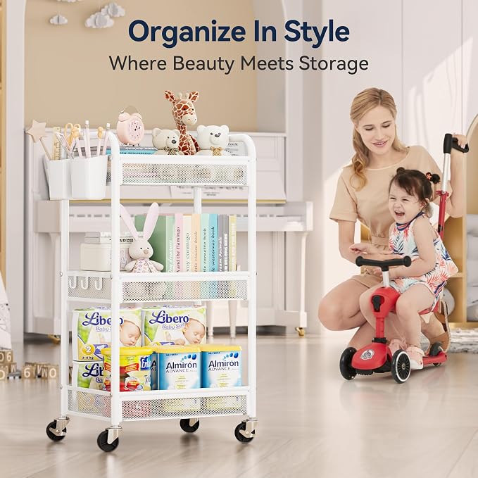3 Tier Metal Rolling Cart, White Utility Storage Cart with Wheels | Metal Mesh Craft Cart With Hooks & Hanging Cups, Ideal For Kitchen, Bathroom, Office, Dorm, Art Workspace, Bedside Storage - Image 7