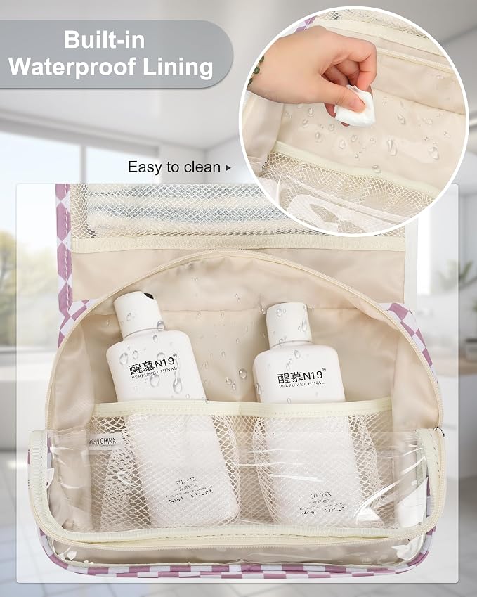 Relavel Small Hanging Toiletry Bag for Women, Portable Hanging Organizer | for Travel-Sized Dopp Kit, Makeup Accessories, Waterproof Toiletries Organizer with 3 Compartments for Outdoor - Plaid Purple - Image 8
